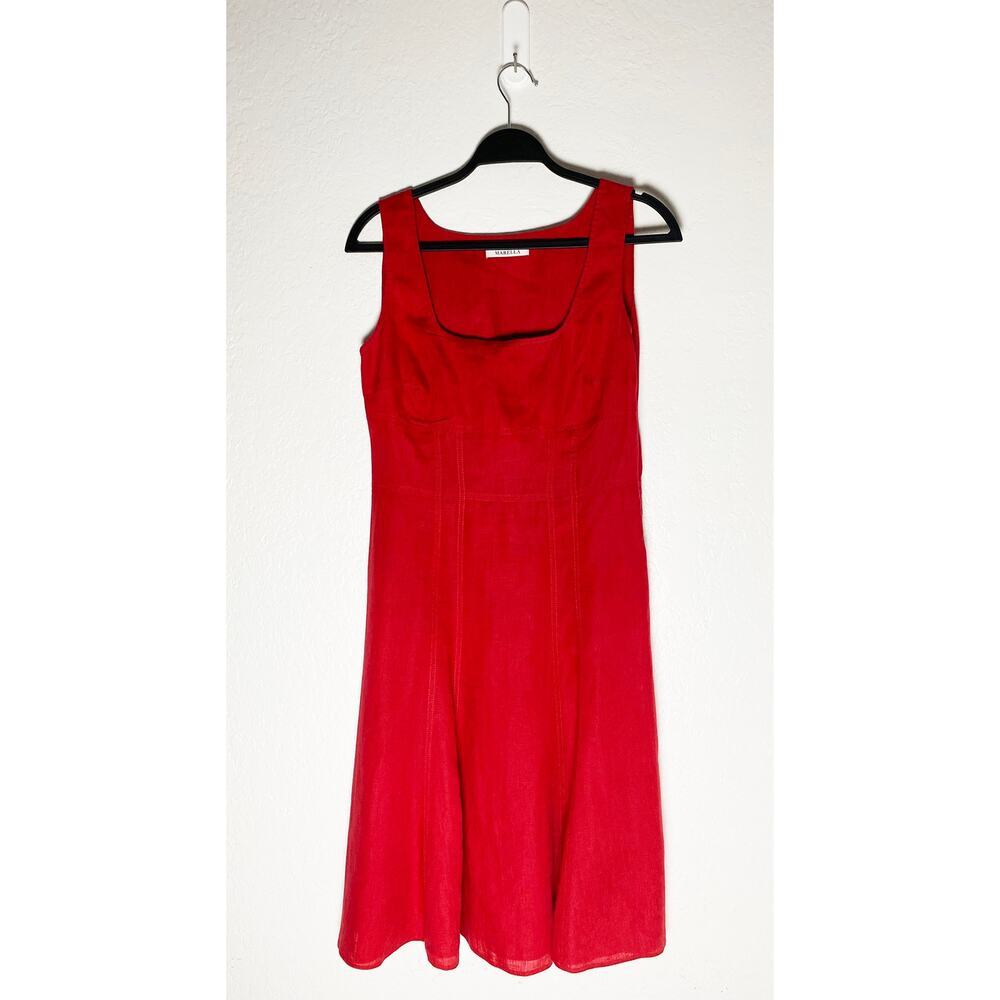 Marella Women's Red Linen Midi Scoop Neck Red Dress Lightweight Flowy Feminine 8